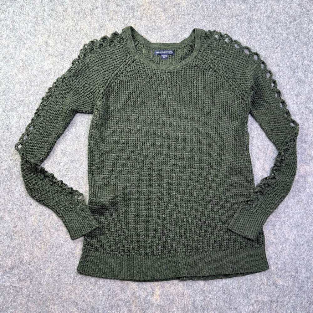 American Eagle Sweater Women's Sz XS Olive Green Lace-Up Sleeve Crew Waffle Knit